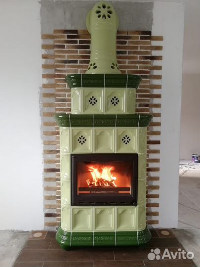 Изразцовый камин Двухъярусный в цвете Олива