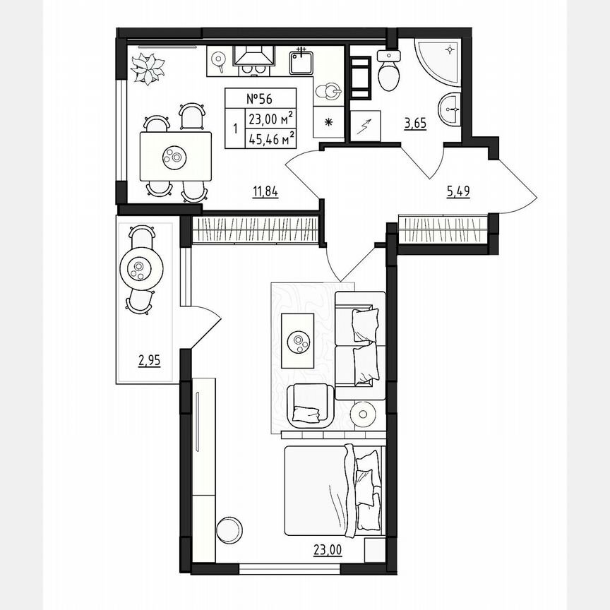 1-к. квартира, 45,5 м², 3/4 эт.