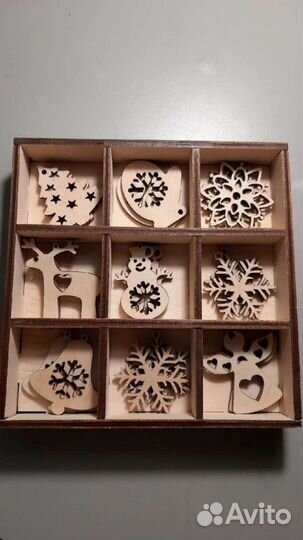 Новогодние игрушки из дерева. 27 штук в коробке