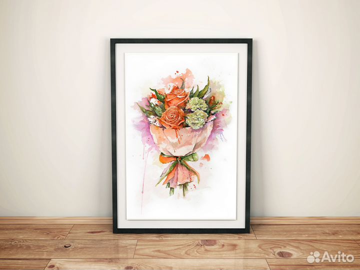 Картина цветы акварель, картина розы букет 42 х 30