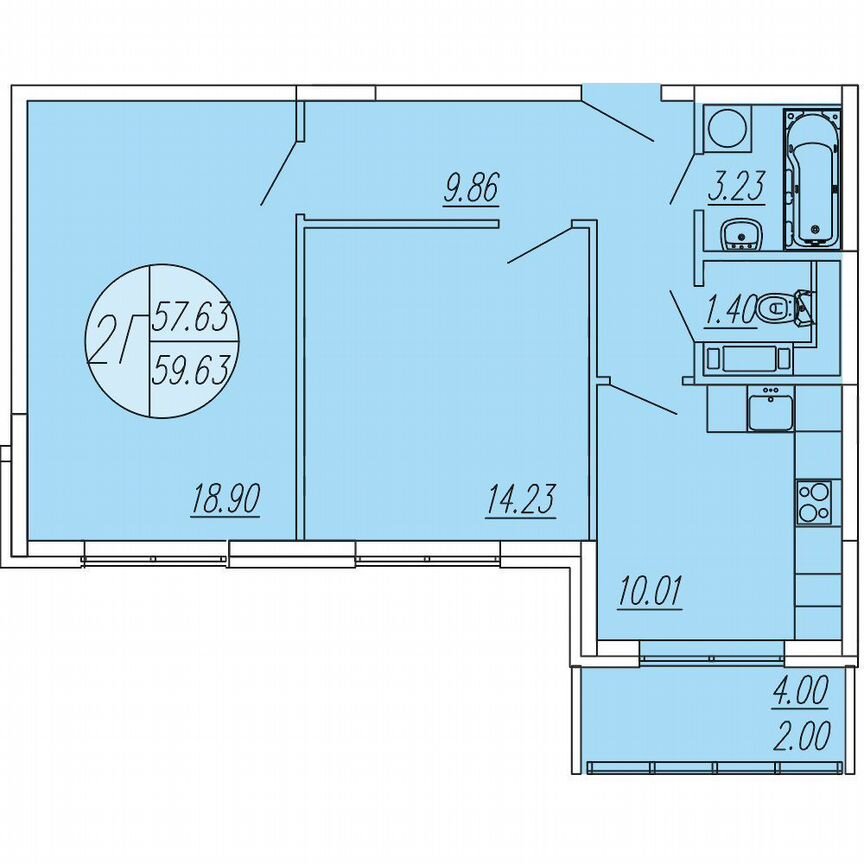 2-к. квартира, 59,6 м², 3/4 эт.