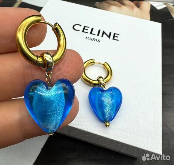 Серьги в стиле Celine голубое сердце