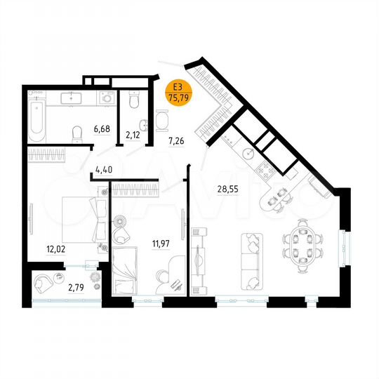2-к. квартира, 75,8 м², 7/25 эт.