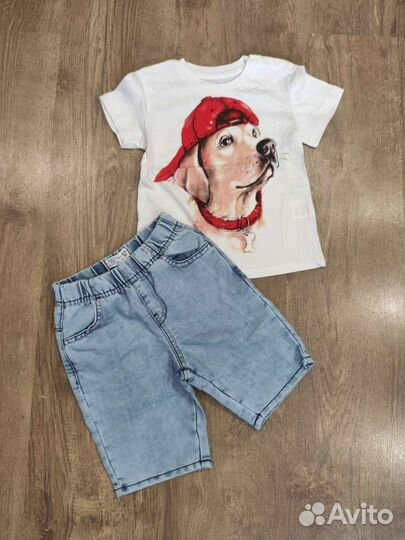 Костюм:джинсовые шорты+футболка,новый 92.104