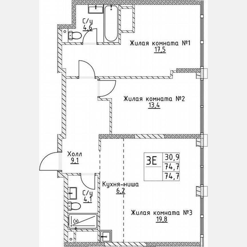 2-к. квартира, 74,7 м², 14/19 эт.