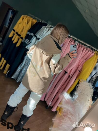 Куртка горнолыжная унисекс с подогревом песоч/бел