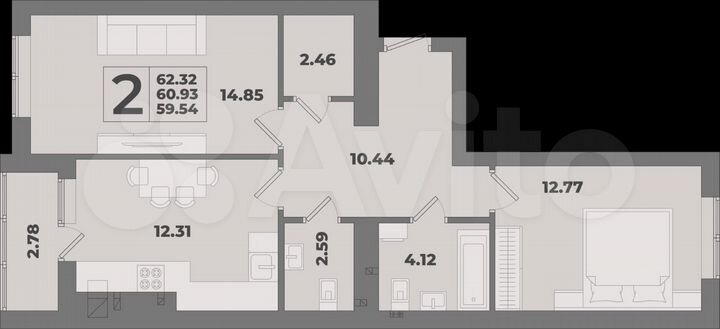 2-к. квартира, 62,3 м², 4/10 эт.