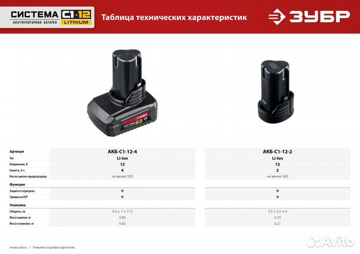 Зубр С1-12, 12 В, 2.0 Ач, аккумуляторная батарея