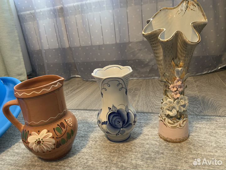 Ваза винтаж СССР фарфор гжель с цветами кувшин