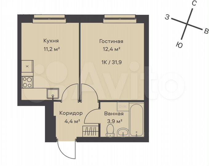 1-к. квартира, 31,9 м², 1/9 эт.