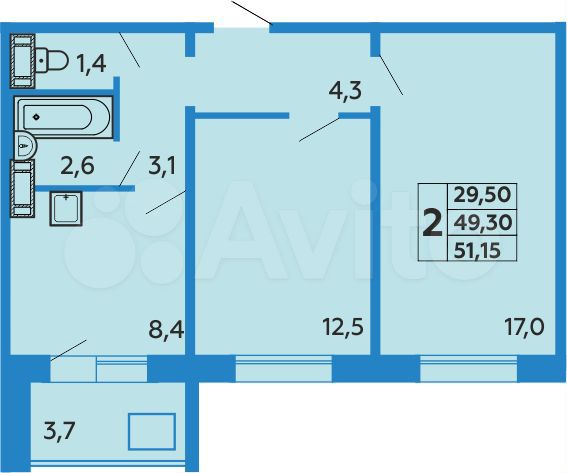 2-к. квартира, 51,2 м², 4/10 эт.