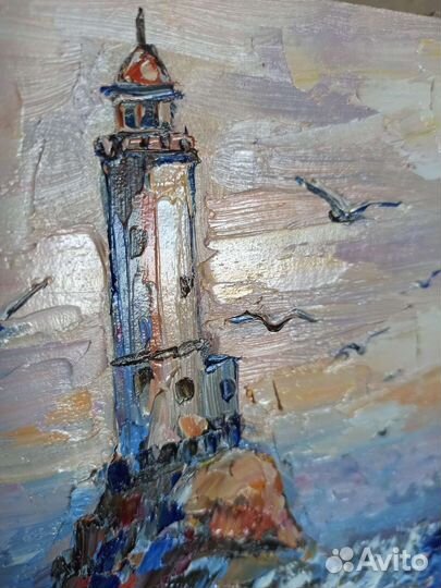 Картина маслом маяк чайки морской пейзаж