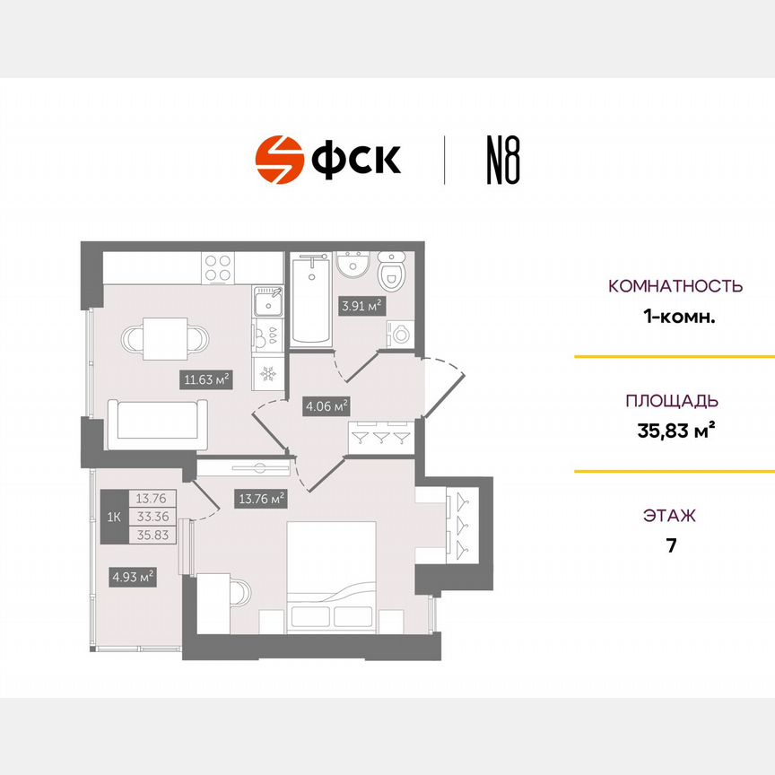 1-к. квартира, 35,8 м², 7/10 эт.