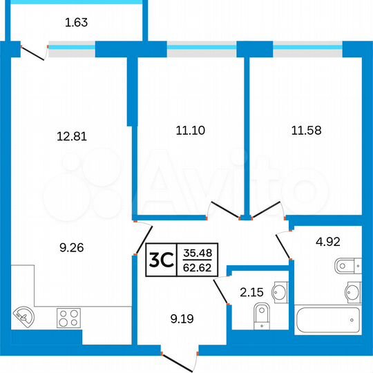 3-к. квартира, 62,6 м², 25/26 эт.
