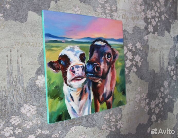 Картина с коровами маслом на холсте 50/50 см