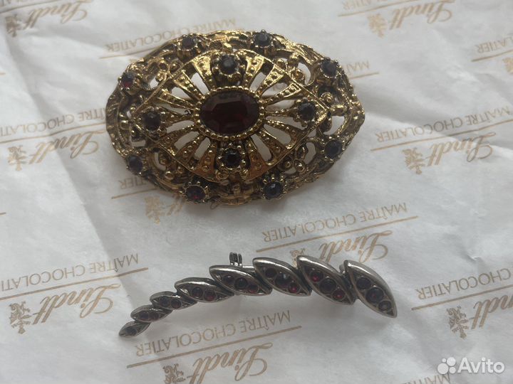 Брошь винтаж Чехия Германия гранатовое стекло