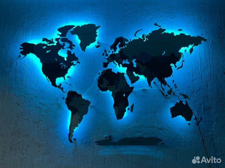 Деревянная карта мира с подсветкой на стену