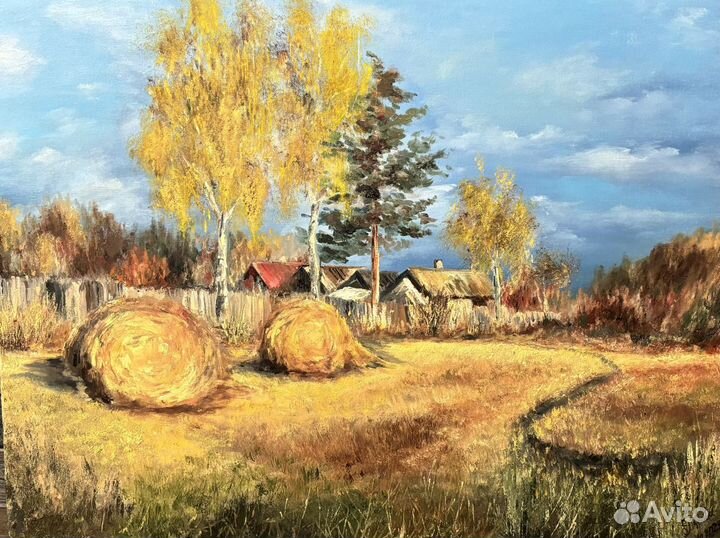 Картина маслом Октябрь (сено) пейзаж золотая осень