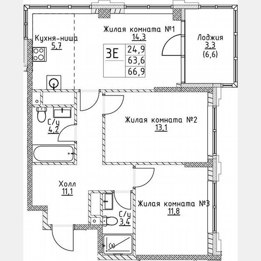 2-к. квартира, 63,6 м², 7/19 эт.