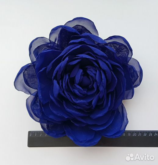 Брошь пион синий 20 см из шифона ручной работы