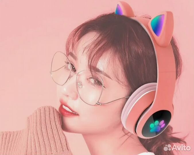 Беспроводные наушники светящиеся с ушками кошки