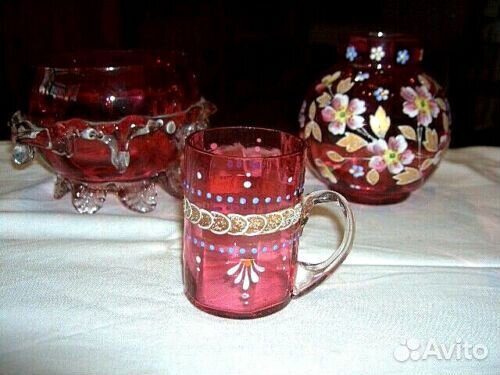 Ваза розовое стекло роспись цветы