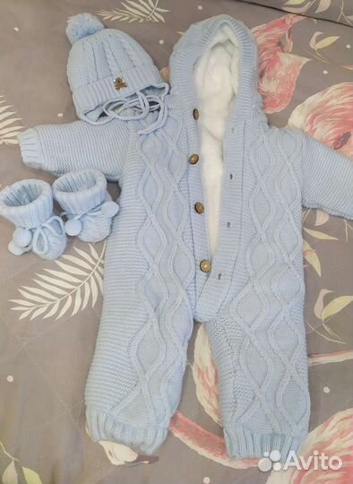 Вязаный комбинезон с мехом 56-62, 2 шапки,пинетки