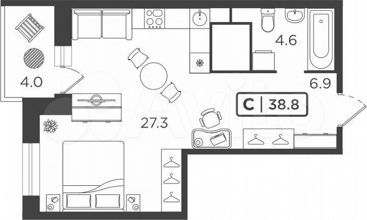 Квартира-студия, 38,8 м², 8/24 эт.