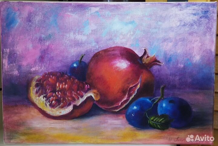 Картина маслом натюрморт с гранатами 25х30