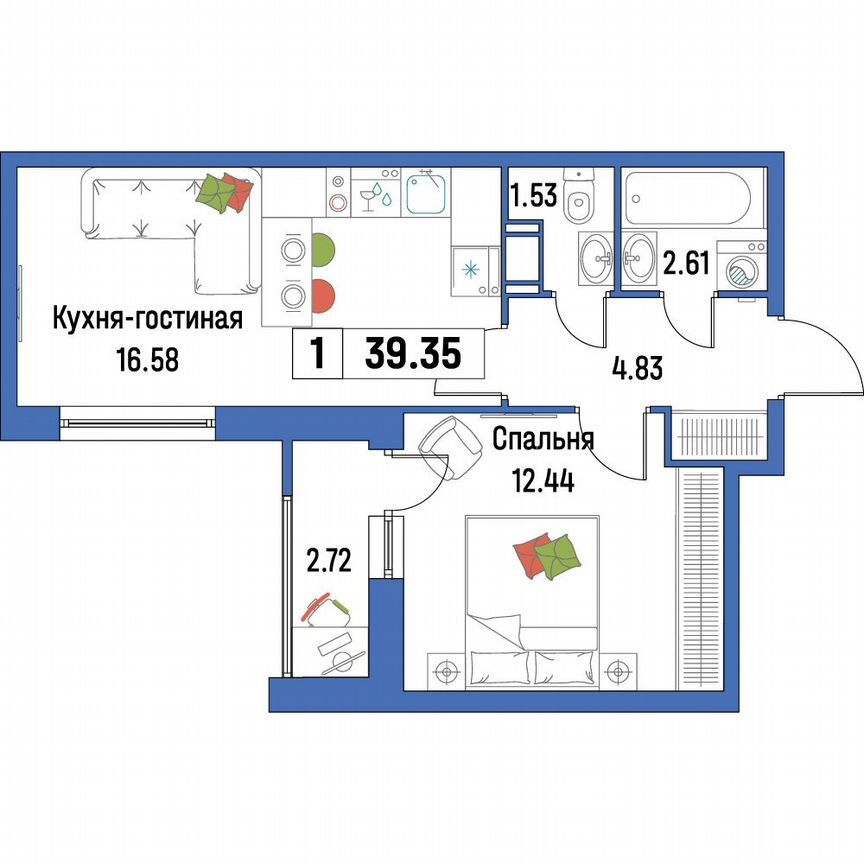 1-к. квартира, 39,4 м², 6/16 эт.