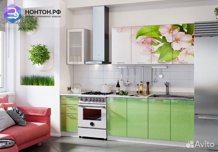 Кухня Яблоневый цвет 2.0 м белый глянец / салатовы