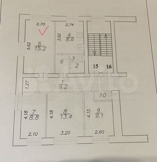 Комната 15,2 м² в 4-к., 5/5 эт.
