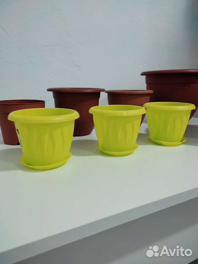 Восемь горшков для цветов, растений