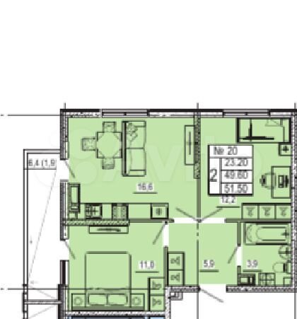 2-к. квартира, 51,5 м², 2/12 эт.