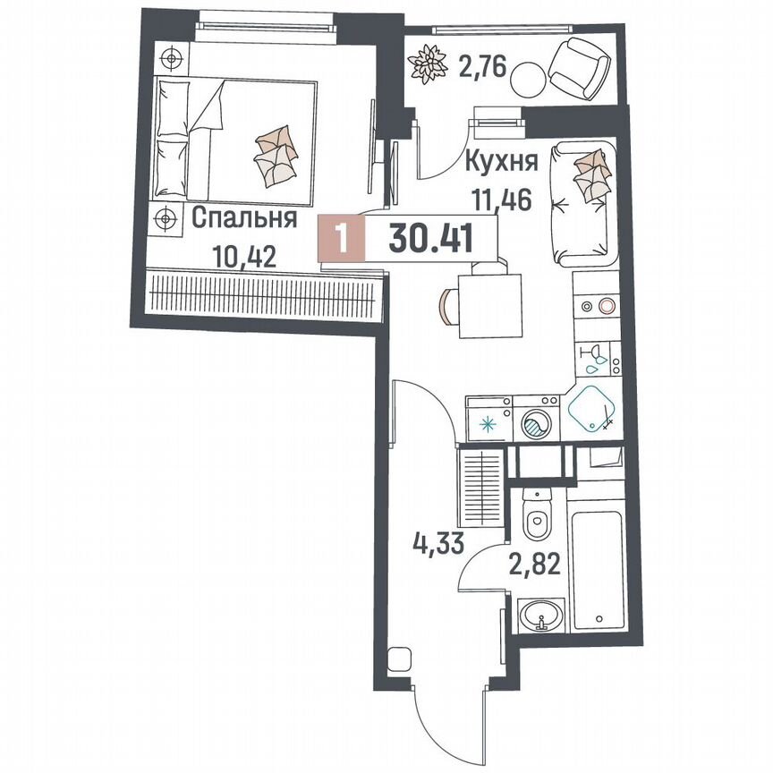 1-к. квартира, 30,4 м², 12/18 эт.