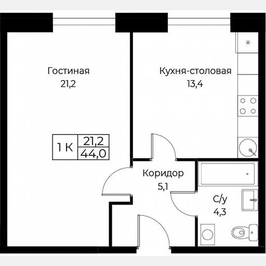 1-к. апартаменты, 44 м², 4/30 эт.