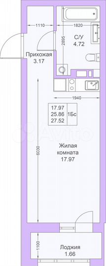 Квартира-студия, 27,5 м², 6/25 эт.