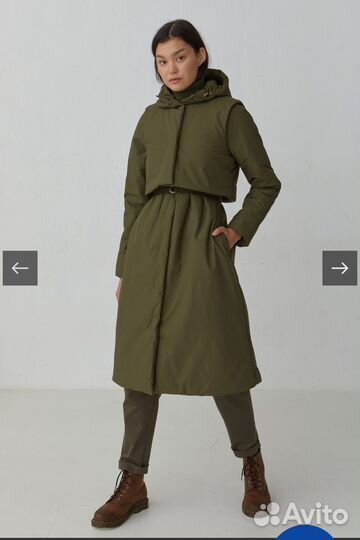 Утепленное пальто из мембраны цвета хаки с жилетом
