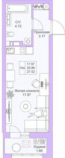 Квартира-студия, 27,5 м², 4/25 эт.