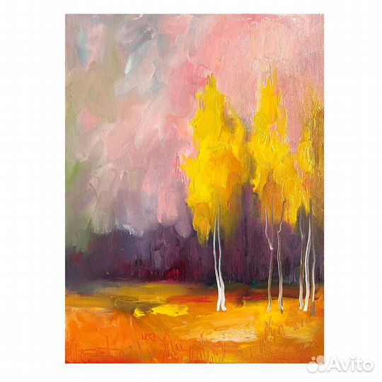 Картина с пейзажем осень утро березы масло холст