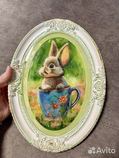 Картина маслом, кролик в кружке, 22х30