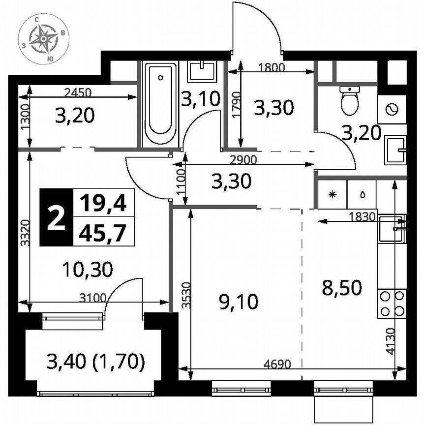 1-к. квартира, 45,7 м², 2/7 эт.