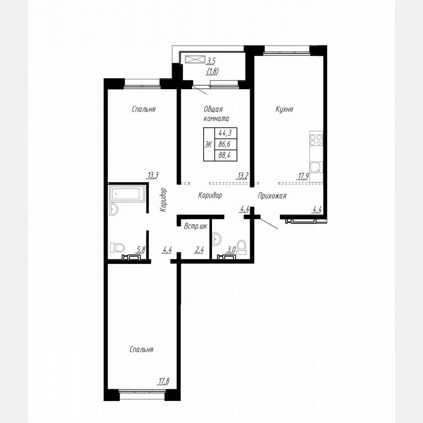3-к. квартира, 88,4 м², 10/17 эт.