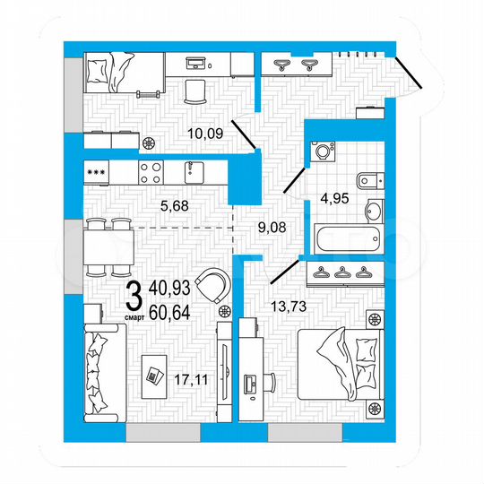 2-к. квартира, 60,6 м², 11/27 эт.