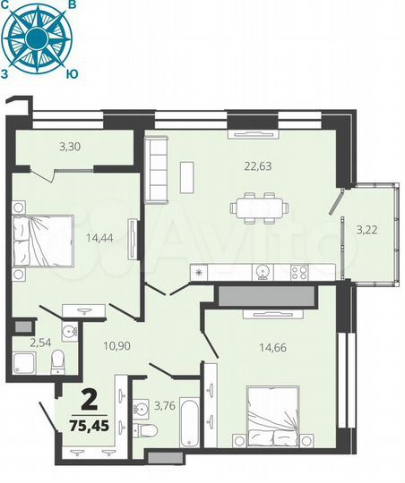 2-к. квартира, 75,5 м², 10/19 эт.