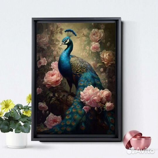 Картина маслом павлин в пионах