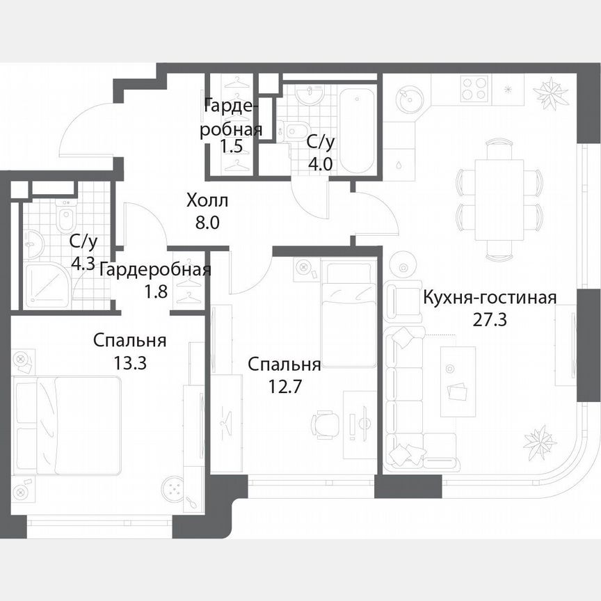 2-к. квартира, 72,6 м², 34/35 эт.