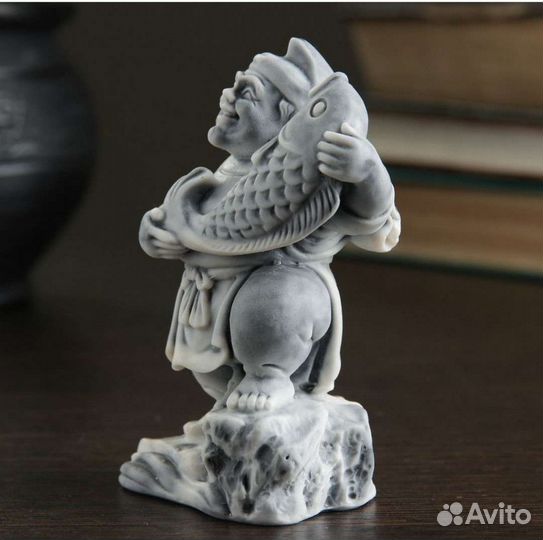 Эбису с рыбой Тай, подарок Рыболову 12 см, мрамор