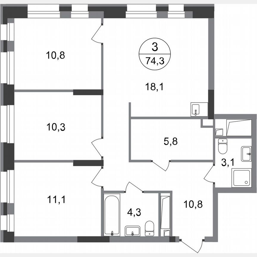 3-к. квартира, 74,3 м², 19/20 эт.