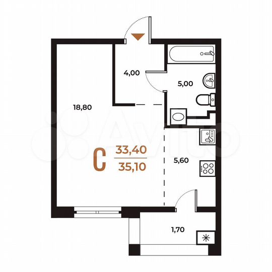 1-к. квартира, 35,1 м², 3/8 эт.